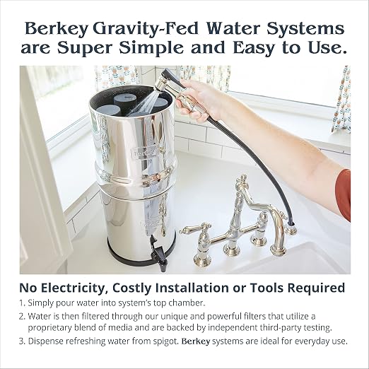 Travel Berkey Gravity-Fed Water Filter System with 2 Black Berkey Elements Plus Deluxe 7" Stainless Steel Water View Spigot