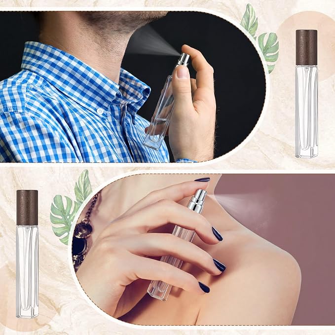 Domensi 20 Pcs 10/15/20/30 ml Perfume Travel Refillable Glass Bottles Spray Bottle Perfume Atomizer for Cologne Dispenser Leak-proof Fragrance Bottles Atomizer Pump Kit (10 ml,Dark Wood Color)
