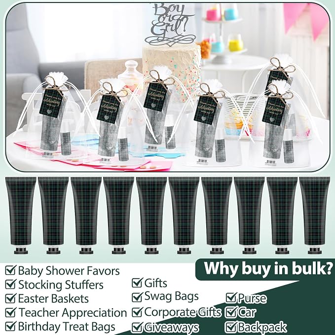 50 Sets 200 Pcs Blue Green Tartan Plaid Baby Shower Hand Lotion and Lip Balm Gift Theme Baby Shower Party Favors Travel Size Hand Lotion and Lip Balm Bulk with Organza Bags Tags