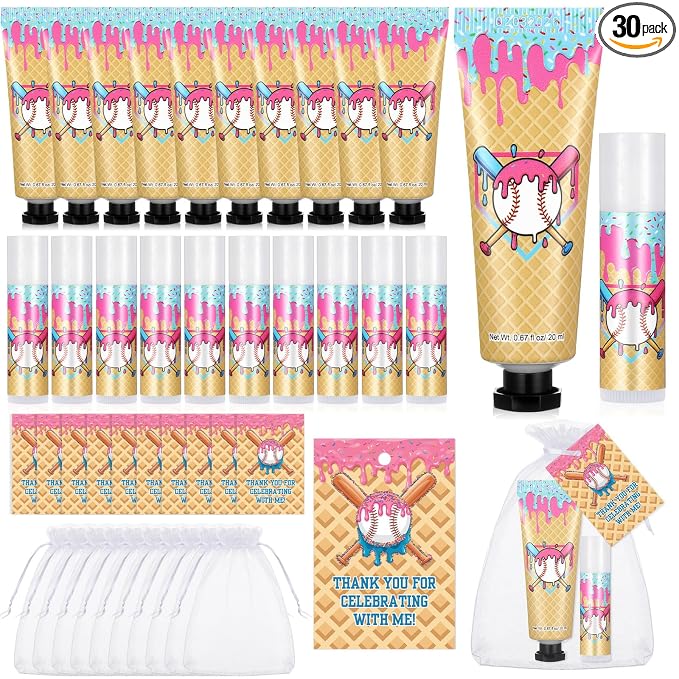 30 Sets Baseball Drip Party Favors Ice Cream Drip Baseball Hand Cream and Lip Balm Bulk with Organza Bag Thank You Tag for Teen Adults Sport Party Favor Team Birthday Gifts