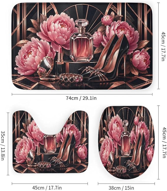 Floral Perfume Heels Jewelry Bathroom Rug Set 4 Piece with Shower Curtain Non Slip Bath Mat Set Microfiber Bathroom Decor Toilet Lid Cover U Shape Rug Waterproof Bathroom Accessories