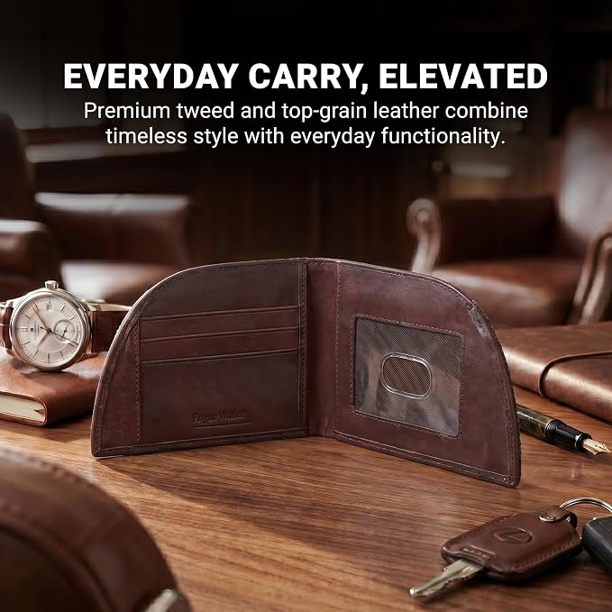 ROGUE WALLET Front Pocket Card Holder for Men - Bedford Tweed & Top Grain Leather Minimalist Billfold - Slim ID Window, Cash Section & Stash Compartment