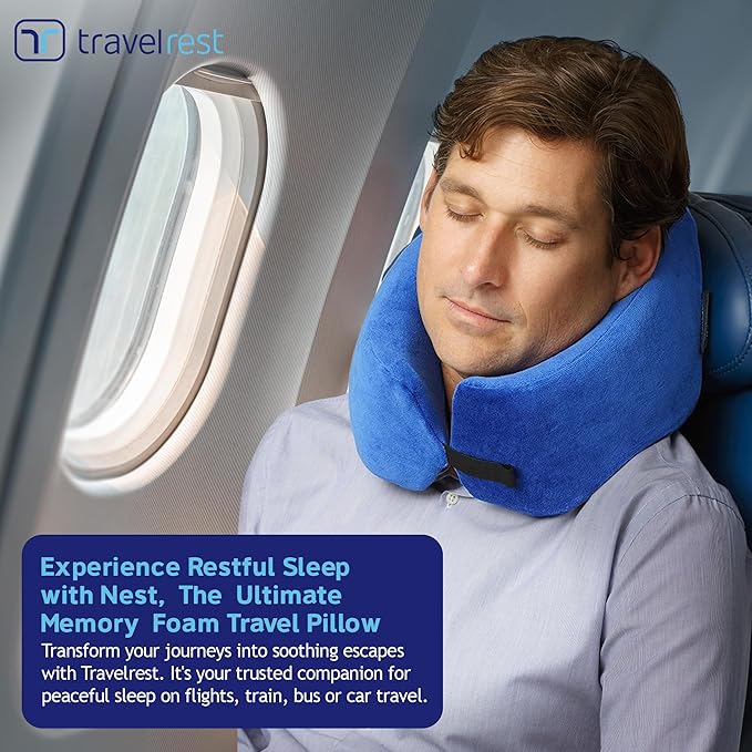 TRAVELREST Sleep Neck Pillow Travel - Travel Essentials, Memory Foam, Neck Support Pillow for Long Flight, Plane Sleeping Accessories, Anti-Slip and Comfortable, Washable, Attaches to Luggage - Blue