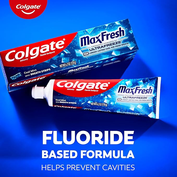 Colgate MaxFresh Cool Mint Toothpaste, Travel Size Toothpaste for Bad Breath with Fluoride and Hundreds of Mini Breath Strips, Leaves Mouth Feeling Refreshed for Hours, Fights Cavities, 1.0 oz