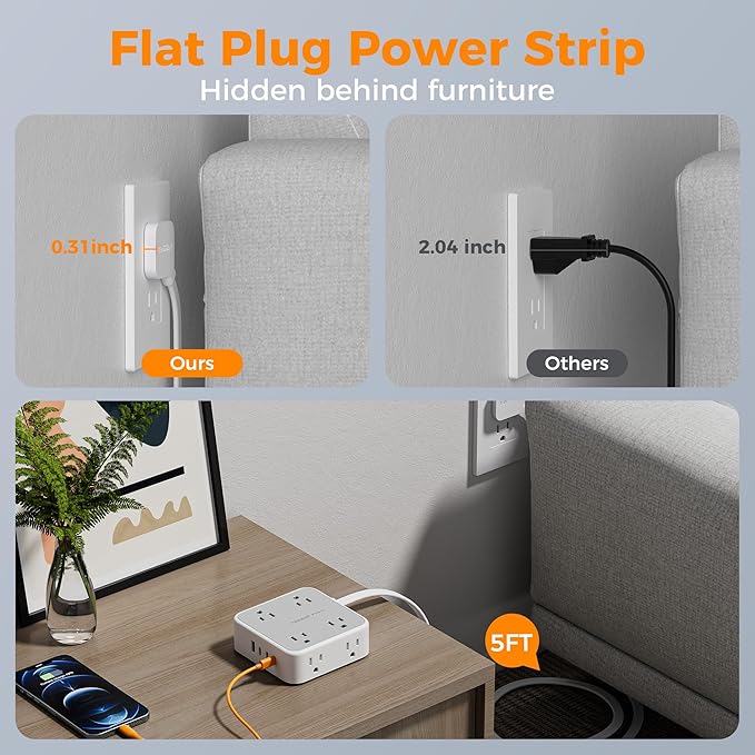 TESSAN Surge Protector Power Strip, 5 Ft Flat Plug Extension Cord with 4 USB (3 USB C) 8 Outlets, 1875W, 900J Protection, 3 Sided Outlet Extender with Power Switch for Office, Dorm Room, Grey