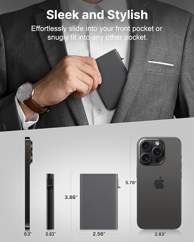typecase Mens Wallet Card Holder: Pop Up Aluminum Case, Premium Genuine Leather, Smart, RFID Blocking, Slim, Minimalist, Front Pocket - 9-14 Cards Capacity | ID Window | Cash Slot (Deep Grey)