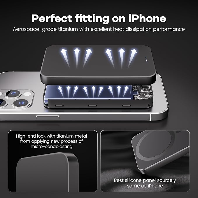 Magnetic Portable Charger – Industry-First Titanium Power Bank, 10,000mAh Ultra-Slim 0.5-Inch Design, 20W Fast Charging Battery Pack for iPhone 17/16/15/14/13/12/Air Series
