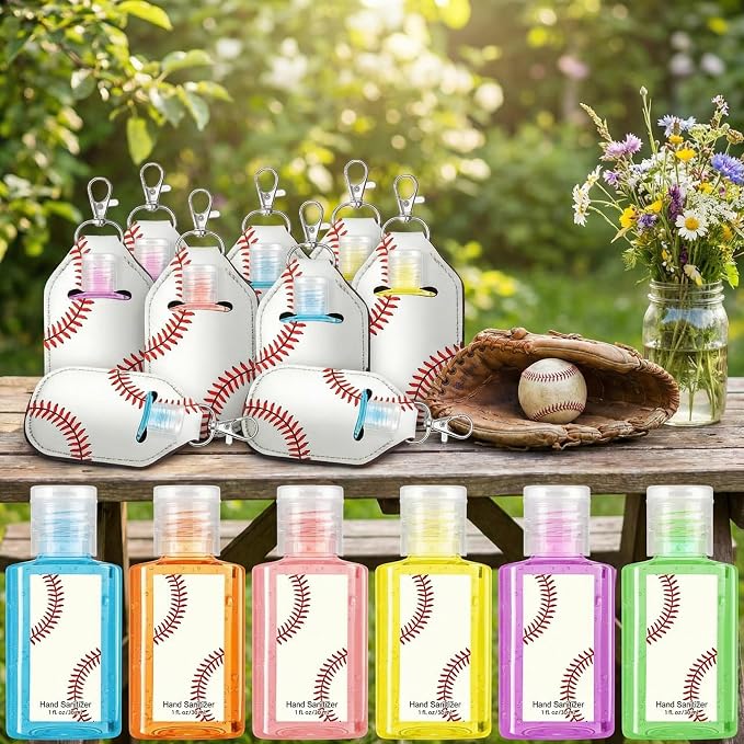 Frienda 48 Pack Baseball Party Favors Set 24 Pcs Mini Hand Sanitizers and 24 Pcs Keychain Holders Travel Size Sanitizers for Baseball Players Coaches Fans Gifts for Team Sports Party Supplies