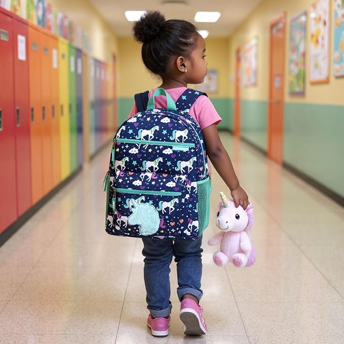 Trail maker 17” Kids Character School Backpacks Plush for Girls with Side Pockets, Padded Straps