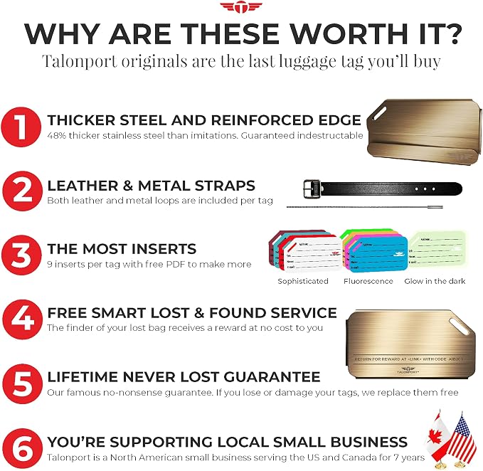 Heavy Duty Metal Luggage Tags for Suitcases| Indestructible Aluminum Travel Tag w/Steel Cable Loop & Smart Lost Bag Recovery, Durable Bag Identifier, Black Silver Gold (Gold, 4 Pack)