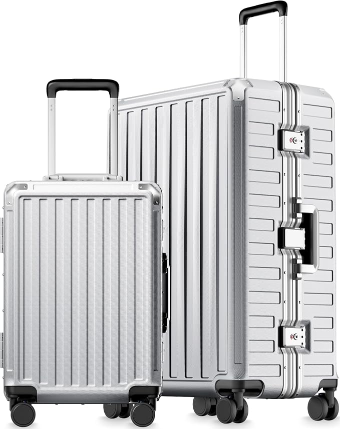 Luggage Sets with Spinner Wheels, 8010S Aluminum Frame Zipperless Polycarbonate Hard Shell Suitcase Sets (ZX-Core, Silver, 2 Piece (20/28))