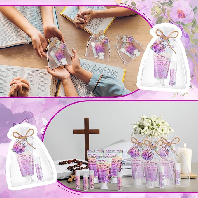 24 Sets Christian Graduation Gifts Hand Cream and Lip Balm Bulk Teacher Appreciation Gifts Bible Verse Thank You Cards with Organza Bag for Graduation Supplies(Cross)