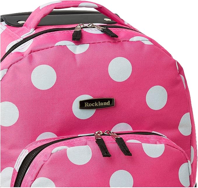 Rockland Double Handle 17" Rolling Backpack, Pink Dot