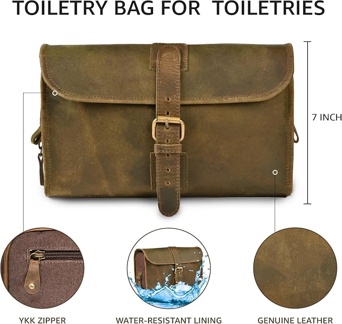 LEATHER VILLAGE Hanging Genuine Leather Toiletry Bag for Men & Women with Waterproof Lining – Handcrafted Vintage Travel Dopp Kit, Shaving Organizer & Shower Bathroom Essentials Case - Mud