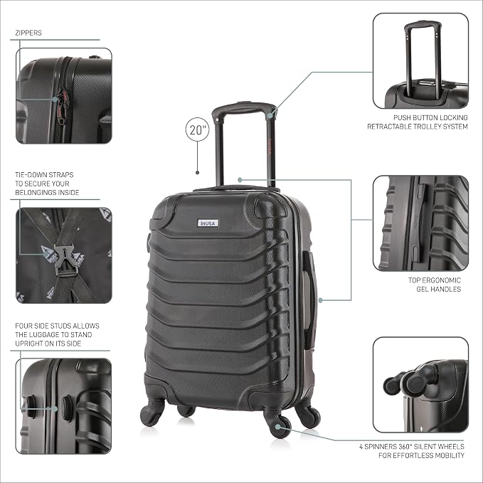 InUSA ENDURANCE Luggage with Spinner Wheels | Durable Lightweight Hardshell Suitcase, Spacious Travel Bag with Handle and Trolley | 20-Inch Carry On Small Luggage | Black