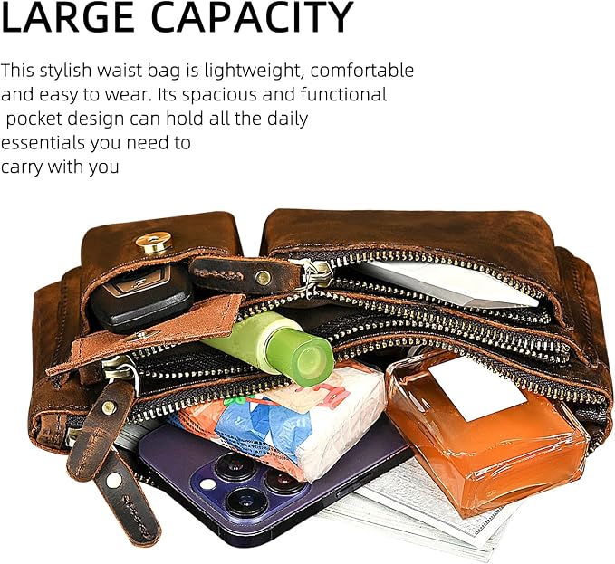 Genuine Leather Hiking Riding Travel Fanny Waist Pack Small Phone Pouch For Men Women FB811-29 (100% Leather-Brown)