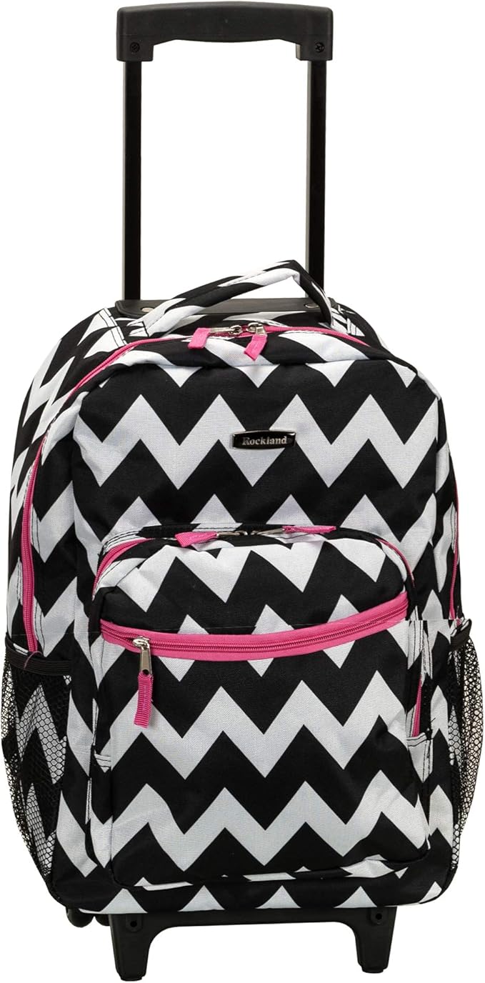 Rockland Double Handle 17" Rolling Backpack, Pink Chevron