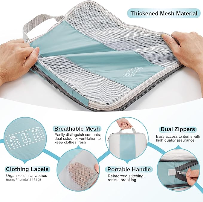 10 Set Compression Packing Cubes for Travel Essentials,Compressible Expandable Packing Cubes for Suitcase,OlarHike Luggage Garment Bags for Travel,Handy Helper for Organizing Clothes(Blue Gray)