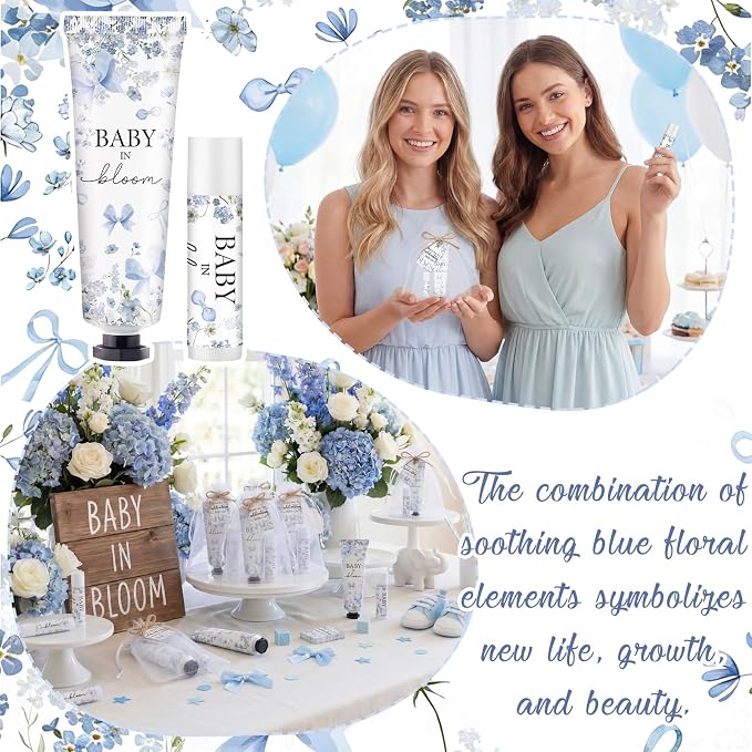 24 Sets Baby in Bloom Hand Cream and Lip Balm Gift Blue Bow Floral Baby Shower Party Favors for Guest Travel Size Hand Lotion and Lip Balm Bulk Babys Shower Birthday Party Supplies