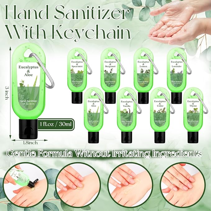 24 Packs Eucalyptus Hand Sanitizer with Keychains Scented Hand Sanitizer Gel 1 oz Travel Size Pocket with Carabiner Clip Eucalyptus Gel for Purse Backpack Adult Office Nurse