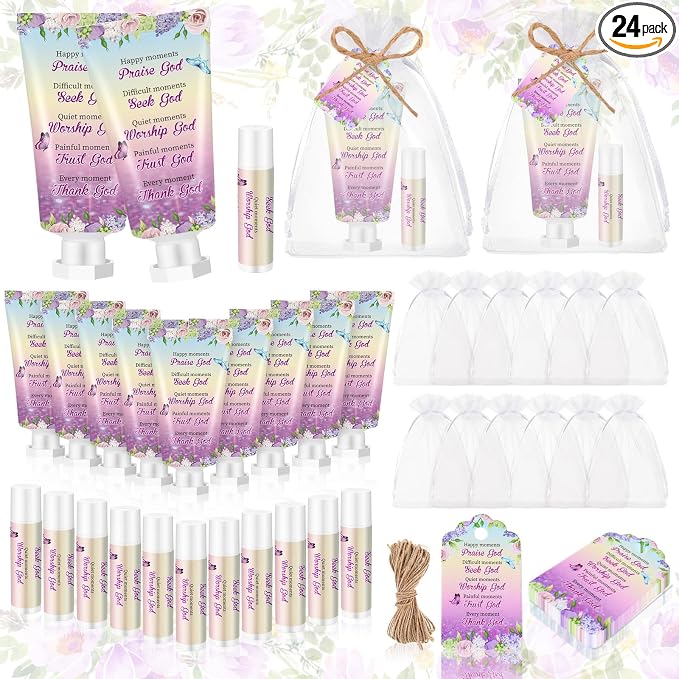 24 Sets Christian Graduation Gifts Hand Cream and Lip Balm Bulk Teacher Appreciation Gifts Bible Verse Thank You Cards with Organza Bag for Graduation Supplies(Flower)