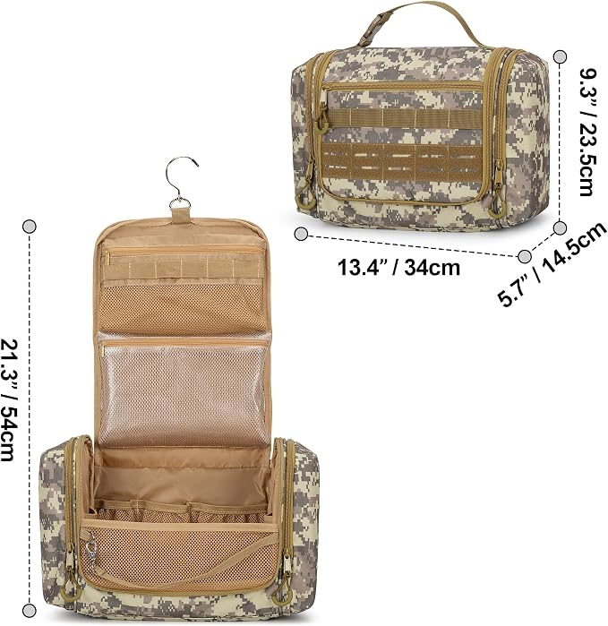 Tactical Toiletry Travel Bag for Men, Hanging Dopp Kit Hygiene Bag Shower Organizer with Hook for Toiletries and Shaving Care, Desert Yellow (Empty Bag)