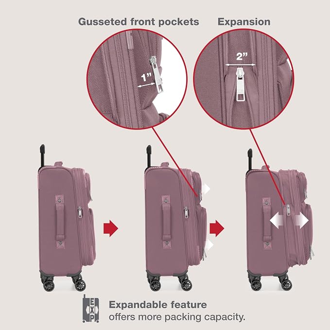 U.S. Traveler Rio Lightweight Softside Rolling Carry-on Suitcase, 4-Wheel Single, Mauve