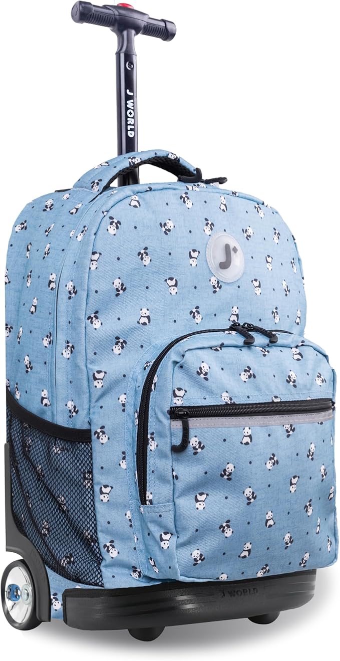 J World Sunrise Kids Rolling Backpack for Girls Boys. Roller Bookbag With Wheels For School, Panda