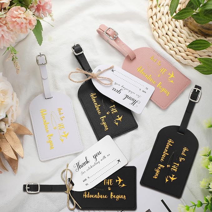 Sweetude 48 Sets Bulk Luggage Tags Wedding Favors and So The Adventure Begins Leather Luggage Tags for Suitcases with Name Card for Travel Themed Bridal Shower Graduation Party Favor(Black)