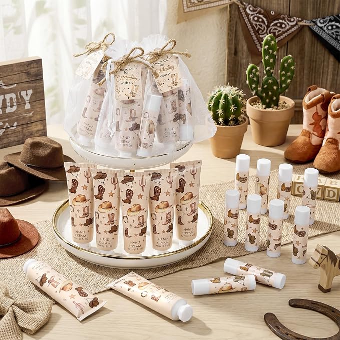 30 Sets Brown Western Baby Shower Party Favors Hand Creams and Lip Balms Gift Bulk My First Rodeo Party Favors for Birthday Supplies