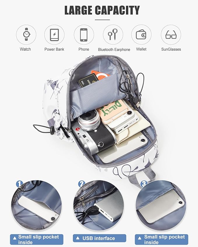 SEAFEW Small Sling Bag Crossbody Backpack Shoulder Bag for Men Women, Daypack Anti-Theft Cross Body Motorcycle Chest Bags, One Strap Tactical Backpack for Walking Biking Travel Cycling, Leaf White