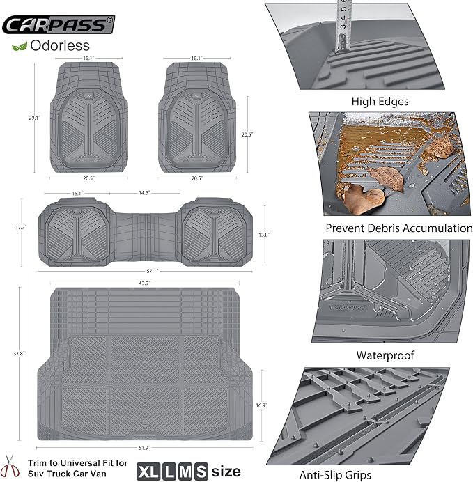 CAR PASS Heavy Duty Rubber Car Mats with Cargo Liner, Deep-Dish Car Floor Mats and Trunk Mat All Weather, Universal Trim-to-Fit for SUVs Trucks Sedans, Waterproof Anti-Slip, Trimmable V12 Gray