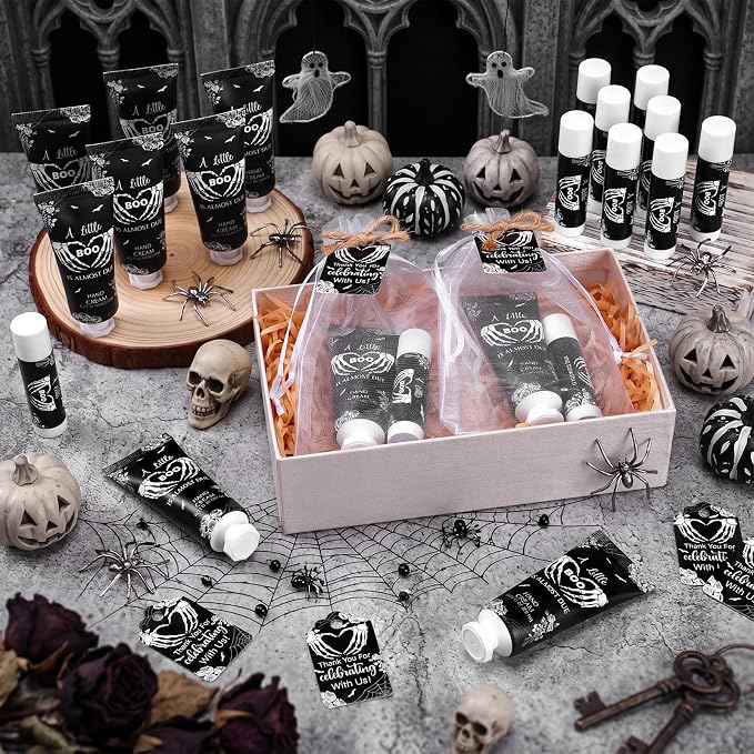 24 Sets Halloween Little Boo Baby Shower Hand Cream Lip Balm Gift Gothic Baby Shower Party Favors Travel Size Hand Lotion Lip Balm with Organza Bag Tag Halloween Party Supplies for Guest Kids