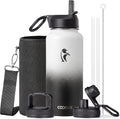 Coolflask Water Bottle 32 oz Insulated with Straw, Stainless Steel Metal 3 Lids Water Flask Wide Mouth for Sports or Office, Non-BPA Keep Cold Up to 48 Hrs or Hot Up to 24 Hrs, White & Black