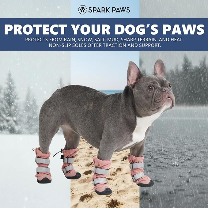 Spark Paws Dog Rainboots, Waterproof Dog Shoes for Medium to Large Dogs, Non Slip, Dog Booties and Paw Protectors - 4PCS Doggie Hiking Boots with Reflective Straps - Pink, Size 1