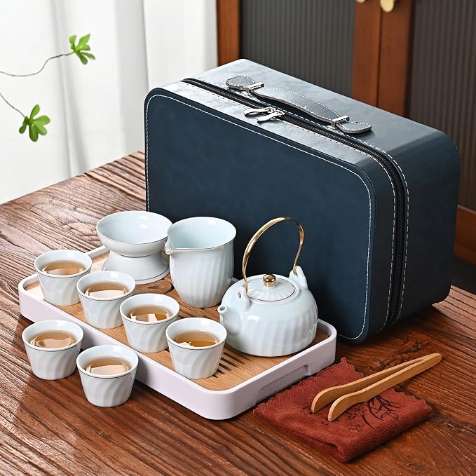 Chinese tea set, Kung fu tea set with 6 cups, Handle lifting Gongfu teaset, Home Office Outdoor Hotel (TilangB 6cups)