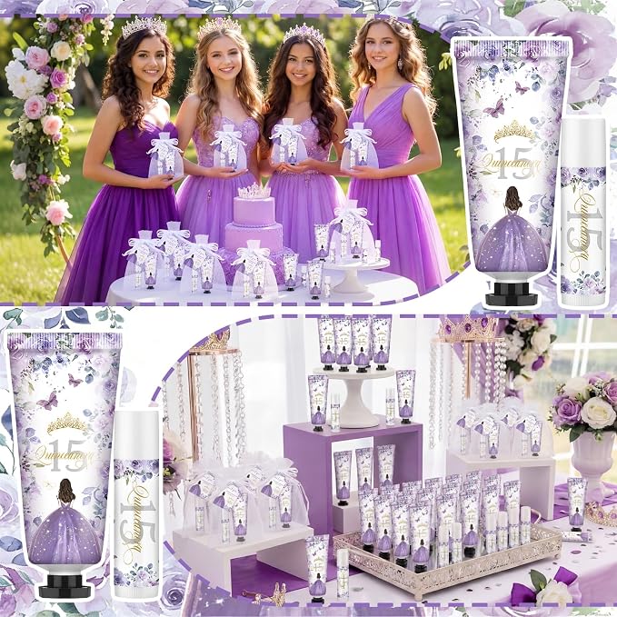 Leelosp 25 Set/100 Pcs Quinceanera Party Favor for Guest with Travel Size Hand Cream, Lip Balm, Card, Organza Bags Quinceanera Gift Set Sweet 15th Party Supply Birthday Souvenir(Purple)