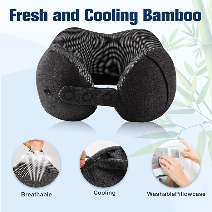 Cirorld Neck Pillow for Traveling, Travel Pillows for Airplanes,100% Pure Memory Foam Travel Neck Pillow, Adjustable Flight Pillow, Portable Plane Accessories with Eye Mask, Earplugs, Carry Bag