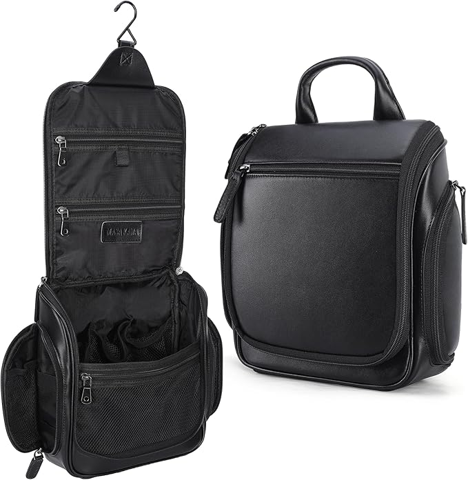 Masa Kawa Leather Hanging Travel Toiletry Bag for Men Portable Expandable Camping Cosmetics Makeup Toiletries Organizer Waterproof Bathroom Shaving Kit Black Wash Bags