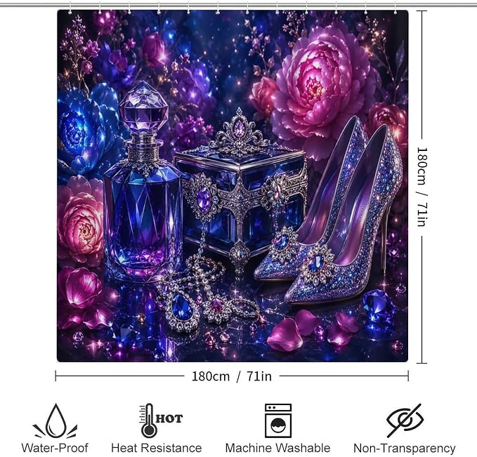 Magical Crystal Shoes And Jewelry Set Bathroom Rug Set 4 Piece with Shower Curtain Non Slip Bath Mat Set Microfiber Bathroom Decor Toilet Lid Cover U Shape Rug Waterproof Bathroom Accessories