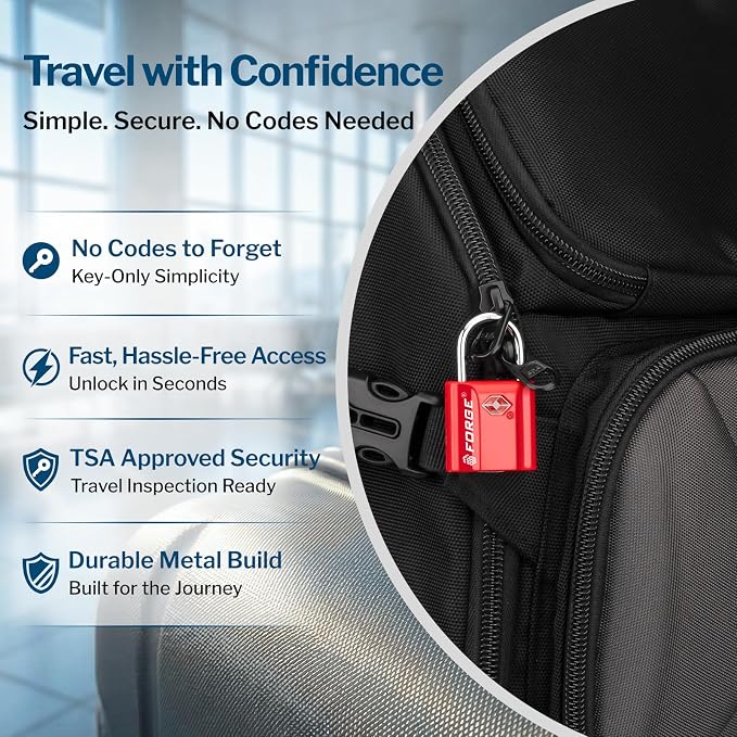 Forge 1''x1'' TSA Approved Luggage Locks: Ultra Secure dimple Key Travel Locks with zinc Alloy Body, for Luggage, Travel Cases, Backpacks, Red 2PK.