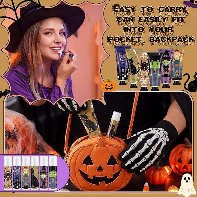 6 Pack Halloween Hand Cream and Lip Balm Gifts Sets for Women Mini Hand Lotion Bulk Travel Size Moisturizing Cream Halloween Party Favors for Boo Basket Stuffers 6 Natural Plant Fragrances