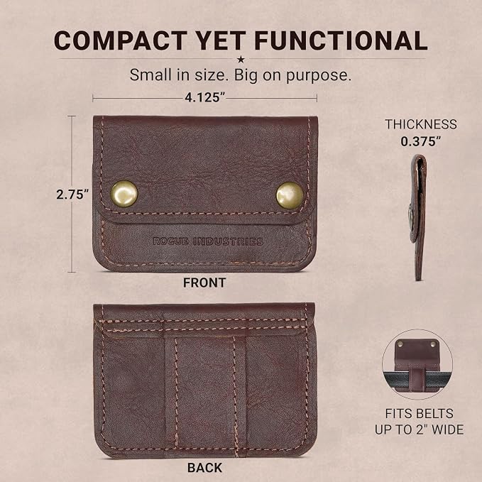 ROGUE WALLET Brown Travel Belt Wallet for Men – Full Grain Leather Cash Holder with Secure Snap Closure, Hidden Card & ID Carrier - Slim Travel Accessory for Everyday Carry