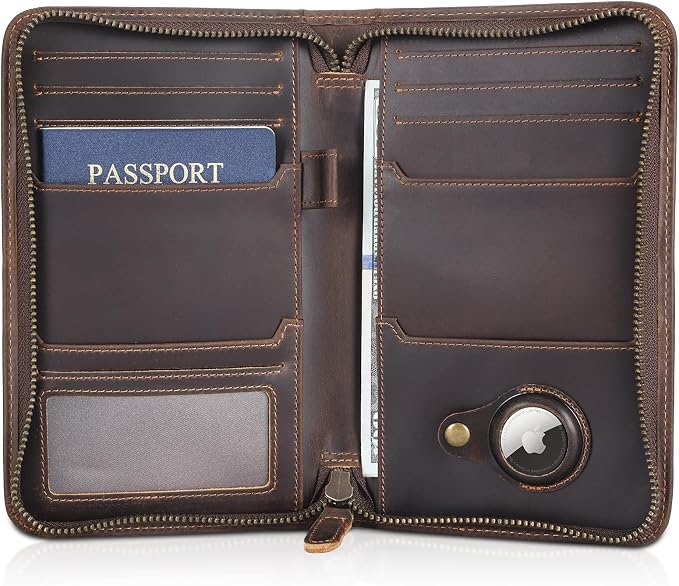 Polare Full Grain Leather Passport Holder Cover Case for Men RFID Blocking Travel Wallet Holds 4 Passports (Dark Brown with AirTag Slot)