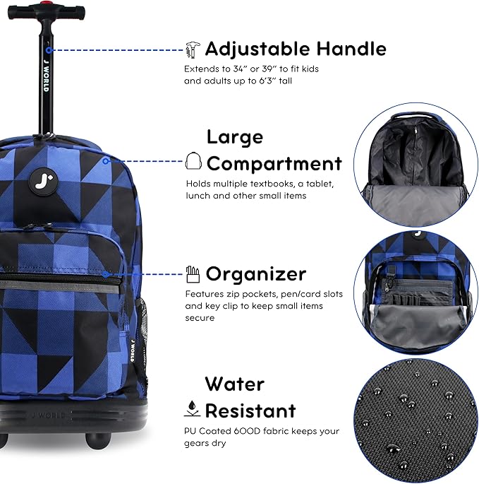 J World New York Sunrise Rolling Backpack, Block Navy, One Size