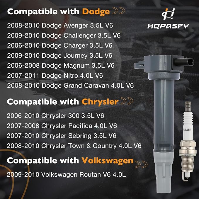 Ignition Coil Packs & Iridium Spark Plugs (Set of 6), Compatible with Dodge Charger/Avenger/Grand Caravan/Journey, Chrysler Town & Country/300, Volkswagen Routan & More, Replaces# UF502, 4606869AB