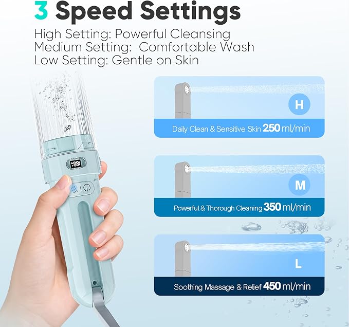 Electric Portable Bidet, Travel Toilet Hygiene Sanitation,3 Modes Foldable Peri Bottle with 2 Nozzles, High-Pressure Handheld Sprayer for Camping, Hiking, Cycling (Mint Green)