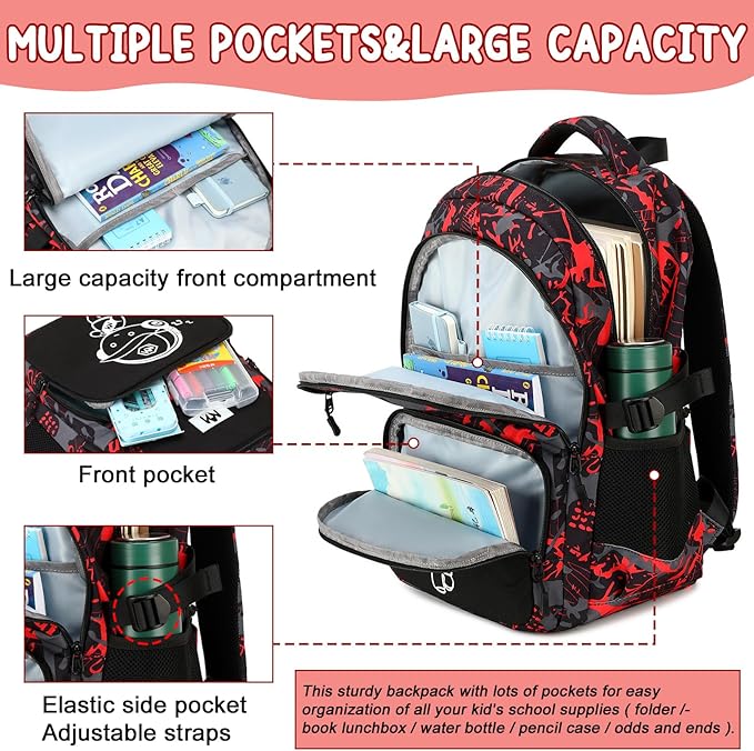 Bluboon Kids Backpack Boys Camo Bookbag Teens Elementary School Bag Daypack Travel Back Pack Middle school (Boy-red doodle 2pcs)