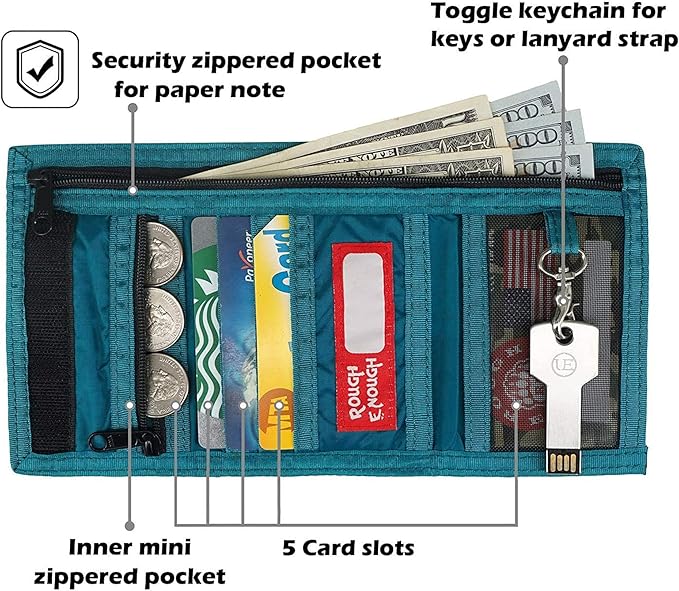 Rough Enough Kids Wallet for Boys Teens with Neck Lanyard Keychain Zipper Coin Pocket Card Holder Blue Soft Nylon