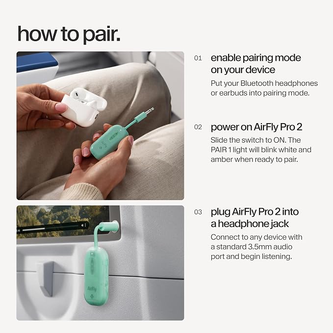 AirFly Pro 2 – Bluetooth Adapter for Airplane, Pair 2 AirPods or Wireless Headphones – 3.5mm AUX Bluetooth Transmitter for Cars, Boats, Treadmills, TVs– Airplane Travel Essentials, Mint Ice